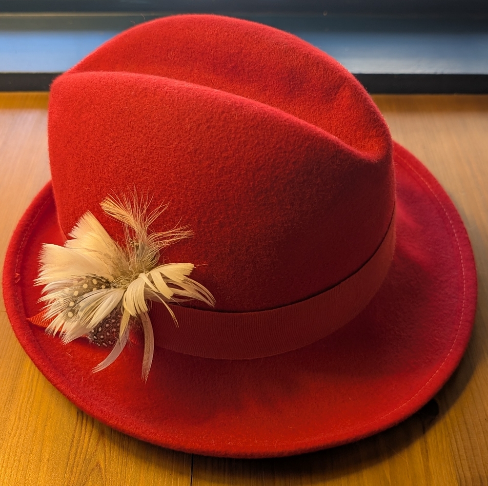 Doe Skin Red Wool Fedora with Feather